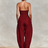 Women's Red Linen Jumpsuit With Spaghetti Straps & High-Waisted Pleated Pants, Timeless Romantic-Elegant Style Jumpsuit MDZ1915C8I