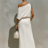 Women's White Linen Set With One-Shoulder Knot Detail & Front Slit, Timeless Minimalist-Resort Style Set MDZ2796C6I