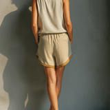Women's Khaki Linen Waist Contrast Brown Trim Casual Loose Shorts With Side Pockets MDZ3043C3T