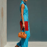 Women’s Blue Linen-Blend Sleeveless Jumpsuit With Red Patch Pockets & Half-Zip Stand Collar MDZ0982E4T