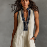 Women's Minimalist Linen Blend Sleeveless Jumpsuit With Zipper And Stand Collar, Featuring Embroidery MDZ0627B3Y