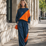 Casual Sportswear Blue And Orange Color-Block Sweatshirt And Joggers Set