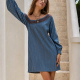 Women's Minimalist Striped One-Shoulder Long-Sleeve Embroidered Mini Dress MDZ1165F9WY