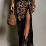 Bohemian-Style Printed Dress with Deep V-Neck and High Slit