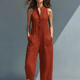 Women's Minimalist Linen Blend Button-up Stand-collar Sleeveless Loose Jumpsuit MDZ2725A5Y
