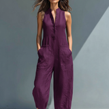 Women's Minimalist Linen Blend Button-up Stand-collar Sleeveless Loose Jumpsuit MDZ2725A5Y