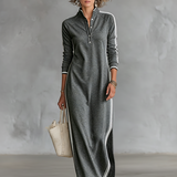 Women's Minimalist White-trimmed Button-down Collar Sweatshirt Maxi Dress MDA0958L0Y
