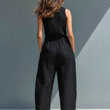 Women's Minimalist Linen Blend Button-up Stand-collar Sleeveless Loose Jumpsuit MDZ2725A5Y