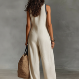 Women's Minimalist Linen Blend Sleeveless Jumpsuit With Zipper And Stand Collar, Featuring Embroidery MDZ0627B3Y