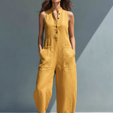 Women's Minimalist Linen Blend Button-up Stand-collar Sleeveless Loose Jumpsuit MDZ2725A5Y
