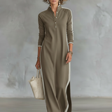 Women's Minimalist White-trimmed Button-down Collar Sweatshirt Maxi Dress MDA0958L0Y