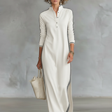 Women's Minimalist White-trimmed Button-down Collar Sweatshirt Maxi Dress MDA0958L0Y