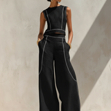 Women's Minimalist Linen-Blend Contrast-Stitched Blouse & Wide-Leg Pants Set MDZ1599E9Y