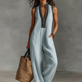 Women's Minimalist Linen Blend Sleeveless Jumpsuit With Zipper And Stand Collar, Featuring Embroidery MDZ0627B3Y