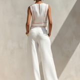 Women's Minimalist Linen-Blend Contrast-Stitched Blouse & Wide-Leg Pants Set MDZ1599E9Y