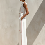 Women's Minimalist Linen-Blend Contrast-Stitched Blouse & Wide-Leg Pants Set MDZ1599E9Y