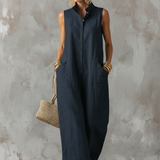 Women's Minimalist Loose-Fit Linen-Blend Jumpsuit — Stand Collar, Sleeveless, Single-Breasted MDZ2928D6Y