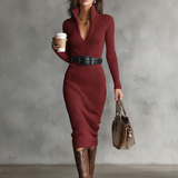 Women's Slim Fit Half Turtleneck V-Neck Long Sleeve Knitted Belted Midi Dress MDA1683I7Y