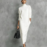Women's Elegant Black Knitted Turtleneck Long-sleeved Loose-fitting  Midi Dress With No Pockets MDA1974L7AN