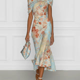 Vittoria - Midi Mermaid Dress Without Sleeves with Off-Shoulder and Blue Floral Pattern