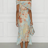 Vittoria - Midi Mermaid Dress Without Sleeves with Off-Shoulder and Blue Floral Pattern