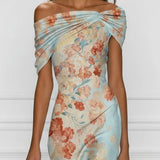 Vittoria - Midi Mermaid Dress Without Sleeves with Off-Shoulder and Blue Floral Pattern