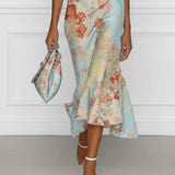 Vittoria - Midi Mermaid Dress Without Sleeves with Off-Shoulder and Blue Floral Pattern