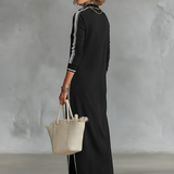 Women's Minimalist White-trimmed Button-down Collar Sweatshirt Maxi Dress MDA0958L0Y