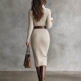 Women's Slim Fit Half Turtleneck V-Neck Long Sleeve Knitted Belted Midi Dress MDA1683I7Y