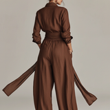 Women's Elegant Brown Woven Cotton-linen Long-sleeved Shirt Collar Jumpsuit With Belt MDA1965L9AN