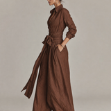 Women's Elegant Brown Woven Cotton-linen Long-sleeved Shirt Collar Jumpsuit With Belt MDA1965L9AN