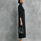 Women's Elegant Black Knitted Turtleneck Long-sleeved Loose-fitting  Midi Dress With No Pockets MDA1974L7AN