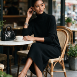 Women's Elegant Black Knitted Turtleneck Long-sleeved Loose-fitting  Midi Dress With No Pockets MDA1974L7AN