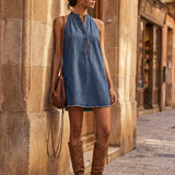 Women's Casual Denim Stand-Collar Button-Front Sleeveless Mini Dress MDZ0144F5Y