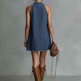 Women's Casual Denim Stand-Collar Button-Front Sleeveless Mini Dress MDZ0144F5Y