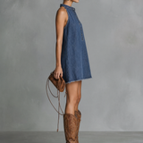 Women's Casual Denim Stand-Collar Button-Front Sleeveless Mini Dress MDZ0144F5Y