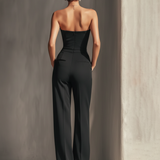 Women's Black Strapless Jumpsuit With Contrast White Vertical Stripe & Side Pockets MDZ0336C7T