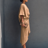 Women's Modern Khaki Linen Blend Draped Asymmetric Short Sleeve