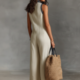 Women's Minimalist Linen Blend Sleeveless Jumpsuit With Zipper And Stand Collar, Featuring Embroidery MDZ0627B3Y