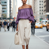 Women's Casual Style Purple Cotton And Linen Off-shoulder Long Lantern Sleeve Top MDZ0697E3GMJ