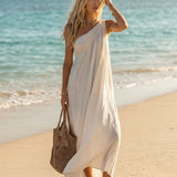 Women's Elegant Pink Cotton-Linen One-Shoulder Sleeveless Maxi Dress MDZ0829E1LXY