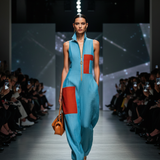 Women’s Blue Linen-Blend Sleeveless Jumpsuit With Red Patch Pockets & Half-Zip Stand Collar MDZ0982E4T