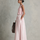 Women's Casual Pink Stretch-knit Sleeveless Round-neck Top Paired With A Woven Pink Printed Maxi Skirt MDZ0986G3LXY