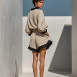 Women’s Beige Linen-Blend Contrast Ruffle Trim Long Sleeve Blouse & High-Waisted Ruffle Hem Shorts Two-Piece Set MDZ1018D0T