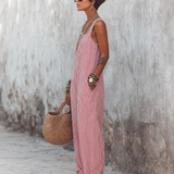 Women's Minimalist Striped Loose-Fit Square-Neck Sleeveless Jumpsuit MDZ1052D7Y