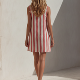 Women's Red & White Striped Linen-Blend Mini Dress With Square Neck And Patch Pockets MDZ1061F5ZRK