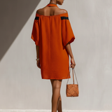 Women’s Orange Off-Shoulder Mini Dress With Black Bow Neck Detail MDZ1340E3T