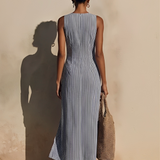 Women's Blue-White Striped Cotton-Blend Maxi Dress With Blazer Style & Double-Breasted, Timeless Nautical Casual Dress MDZ1388E5LYL