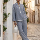 Women's Light‑Blue Linen Fabric Stand‑Collar Half‑Zip Oversized Top & Wide‑Leg Pants Set