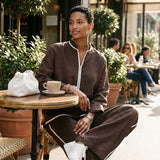 Women's Light‑Blue Linen Fabric Stand‑Collar Half‑Zip Oversized Top & Wide‑Leg Pants Set